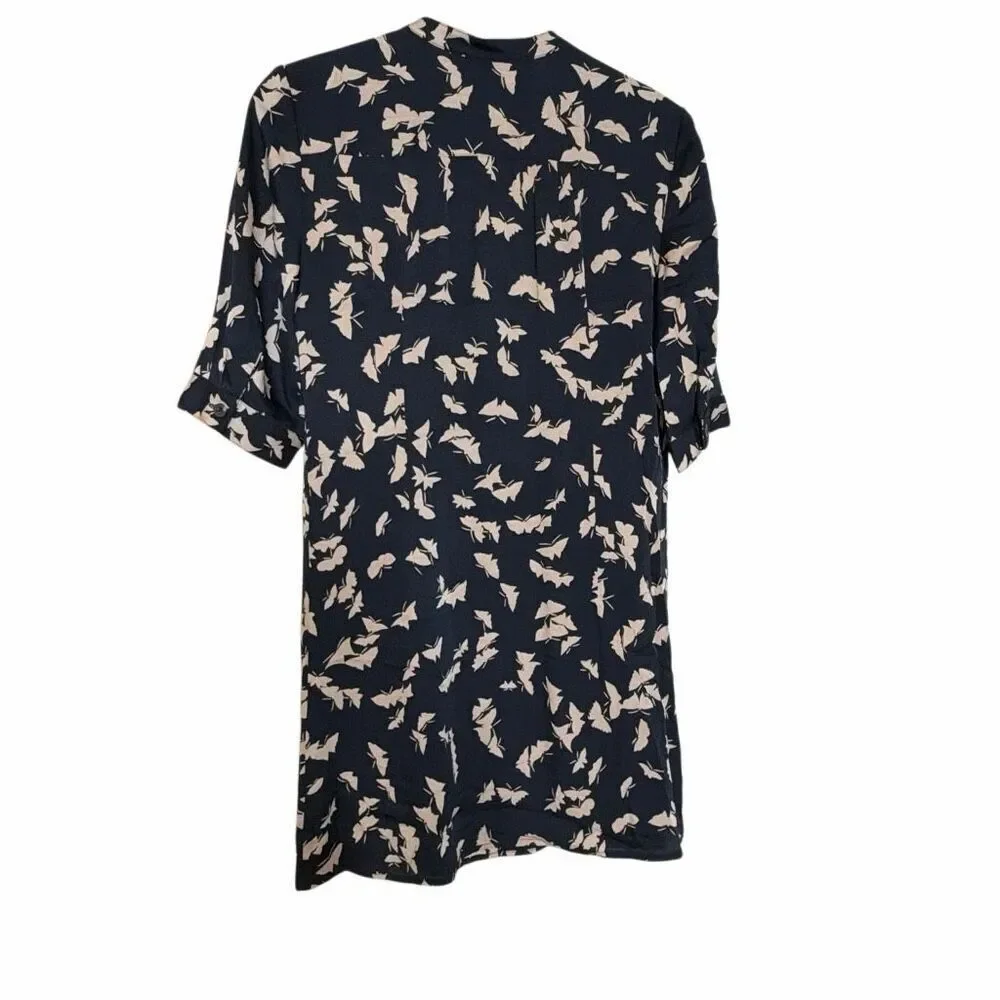 Tucker Butterfly Button Front Silk Blend 3/4 Sleeve Tunic Shirt Dress Navy Small